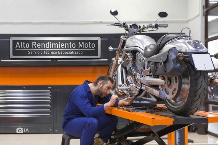 Un mecánico revisa una moto subida a una plataforma
