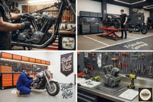 Una cuadrícula con imágenes de talleres de motos con nombres en inglés