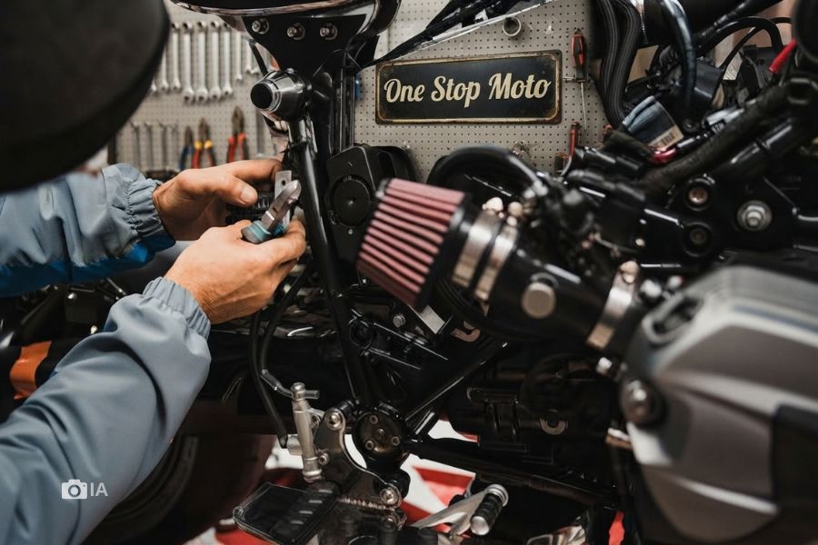 nombres para taller de motos en inglés Un mecánico trabaja en una motor de moto en un taller con nombre en inglés