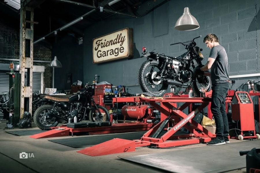 nombres para taller de motos en inglés Un taller de motos con el nombre en inglés "Friendly Garage"