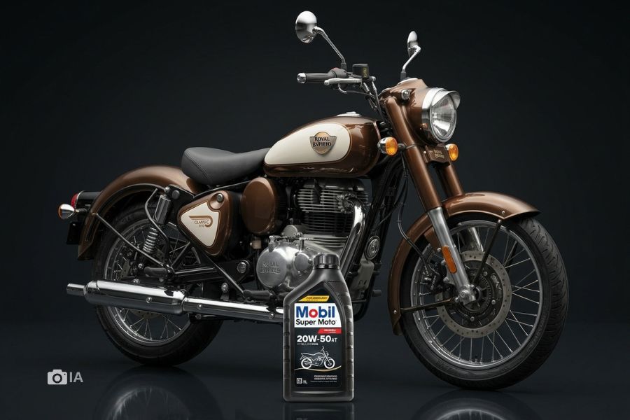 Una moto Royal Enfield Classic 350 y a su lado, en el piso, una botella de aceite