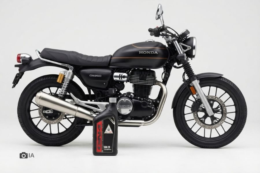 Una Honda CB500 negra y a su lado, en el piso, una botella de aceite