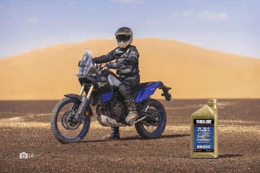 Una imagen creada con IA que nuestra unaYamaha Ténéré 700 en el desierto y un envase de aceite