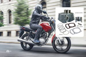 Una moto de 150 cc. En recuadro, un kit de cilindros.