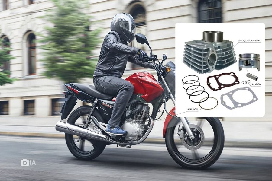 Una moto de 150 cc. En recuadro, un kit de cilindros.