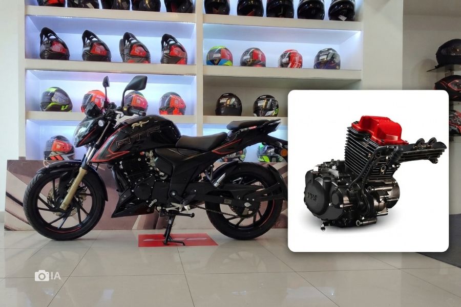 Imagen creada con IA en la que se ve una moto de 200 cc y un motor monocilíndrico