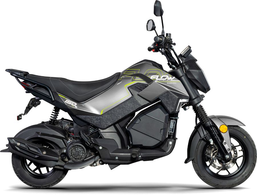 Lateral derecho de una moto Corven Flow 150 gris