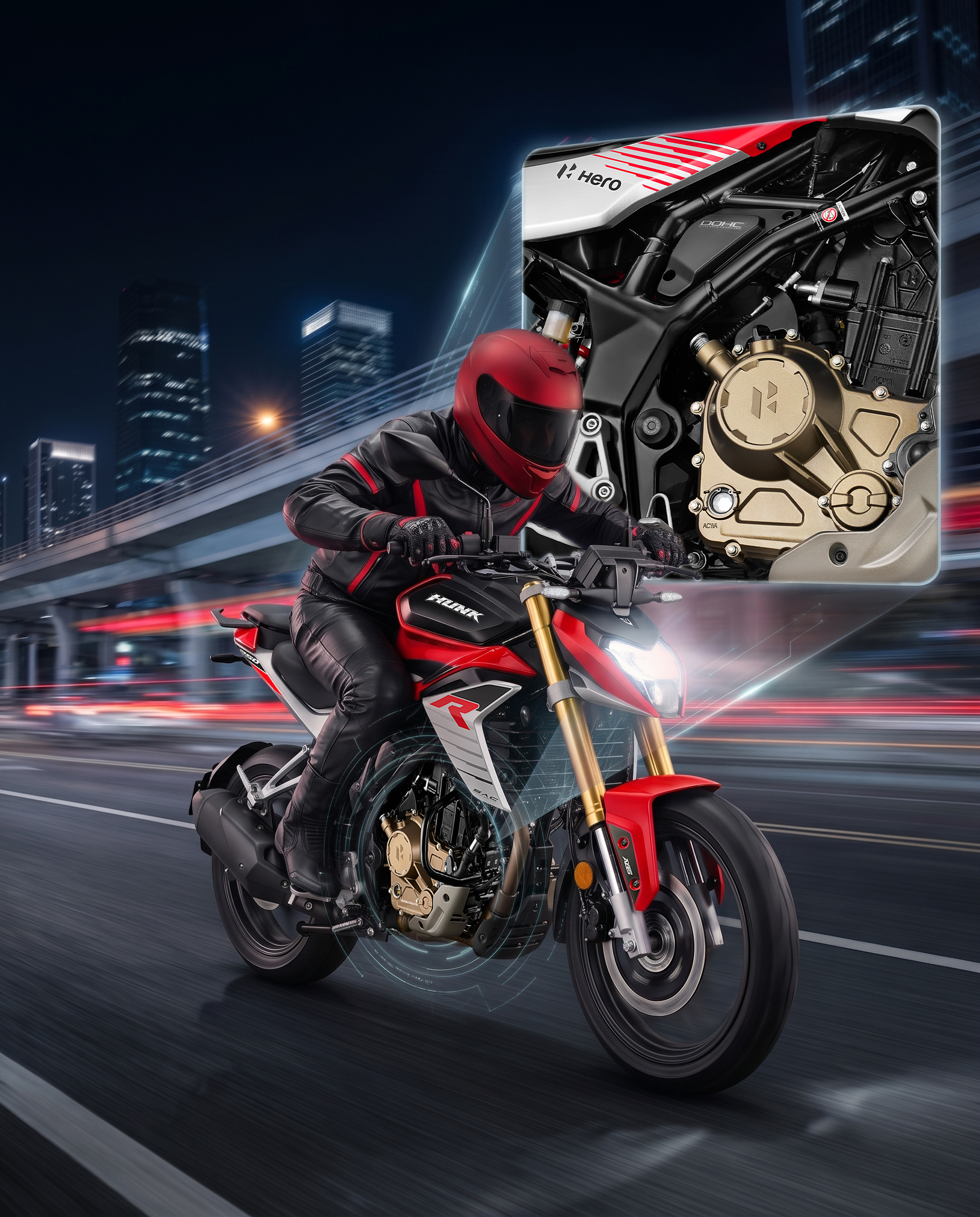 La Hero Hunk 250 R lleva el cuarto de litro al límite Una Hero Hunk 250 R lanzada a toda velocidad en la ciudad de noche