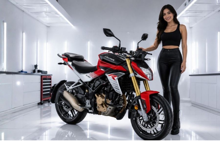 La Hero Hunk 250 R lleva el cuarto de litro al límite Una modelo posa al lado de una Hero Hunk 250 R