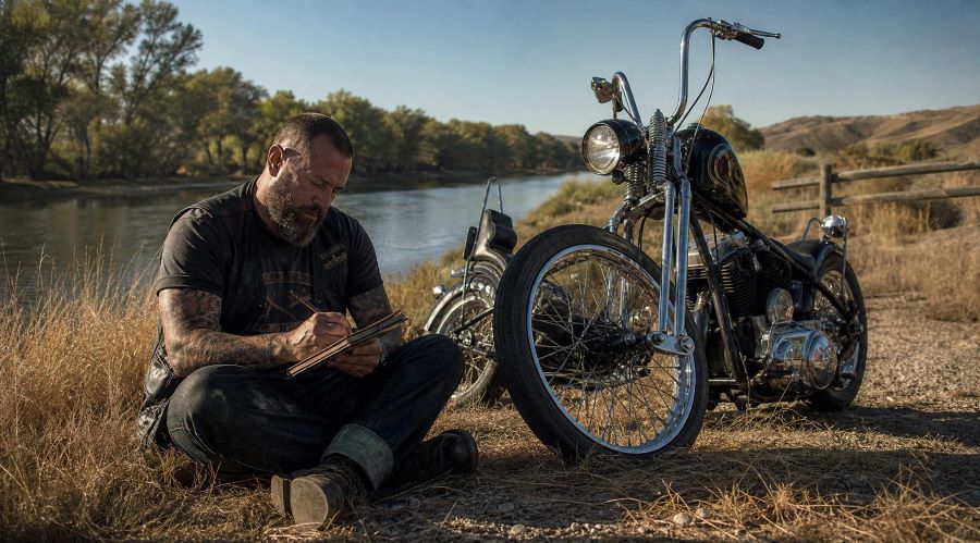 Un motociclista independiente, sentado al lado de su custom, escribe detalles de su recorrido