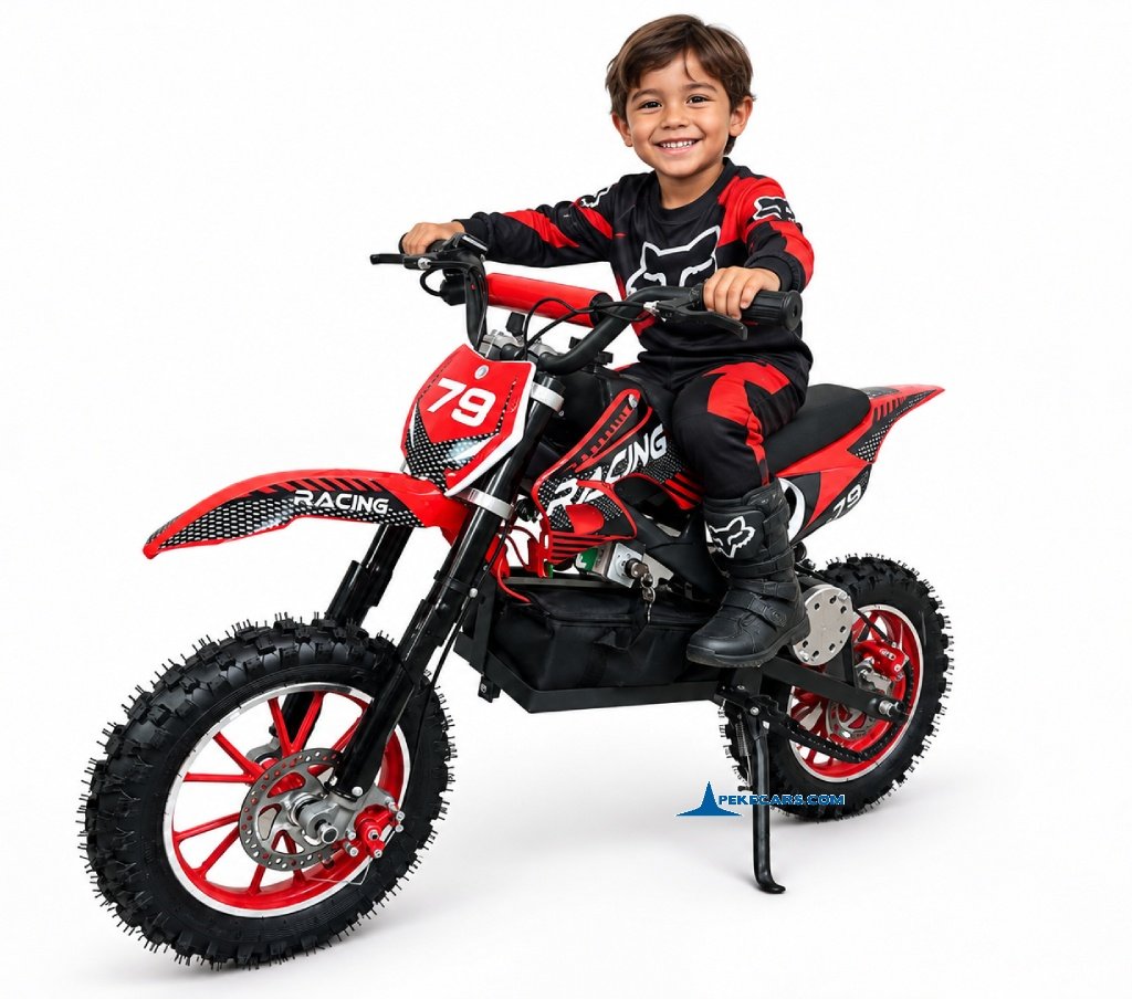 Un niño sonría desde su minimoto de cross roja y negra