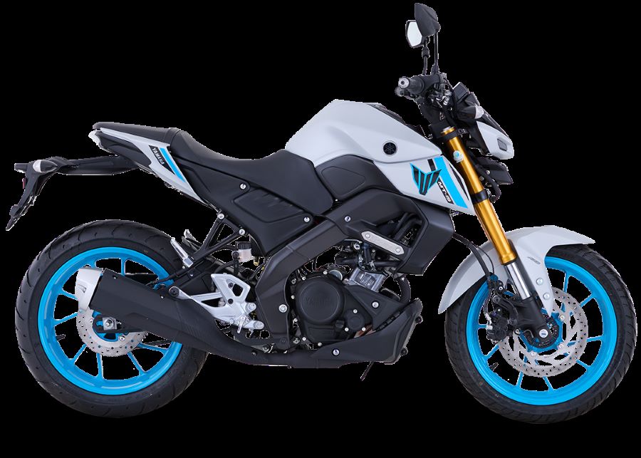 Lateral derecho de una Yamaha MT-15 blanca